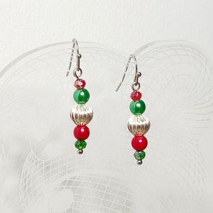 Christmas Red & Green Dangle Pearl & Crystal Earrings Handmade